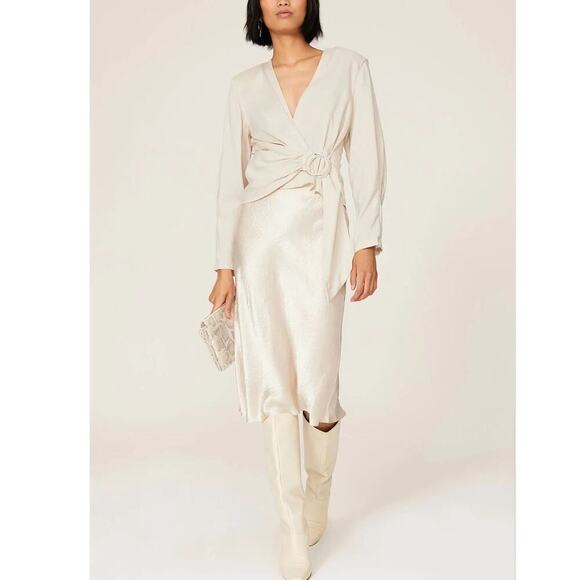 IRO Hazal Top Satin Long Sleeve V-Neck Gathered Wrap Front Blouse Off-White S - Picture 2 of 9